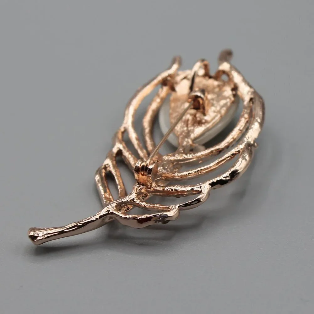 Jewelry pin brooch pendant feather elegant rose gold tone crystals fashion new